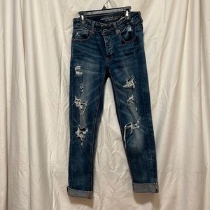 American eagle high waisted ripped blue jeans, “tomgirl” style, size 00